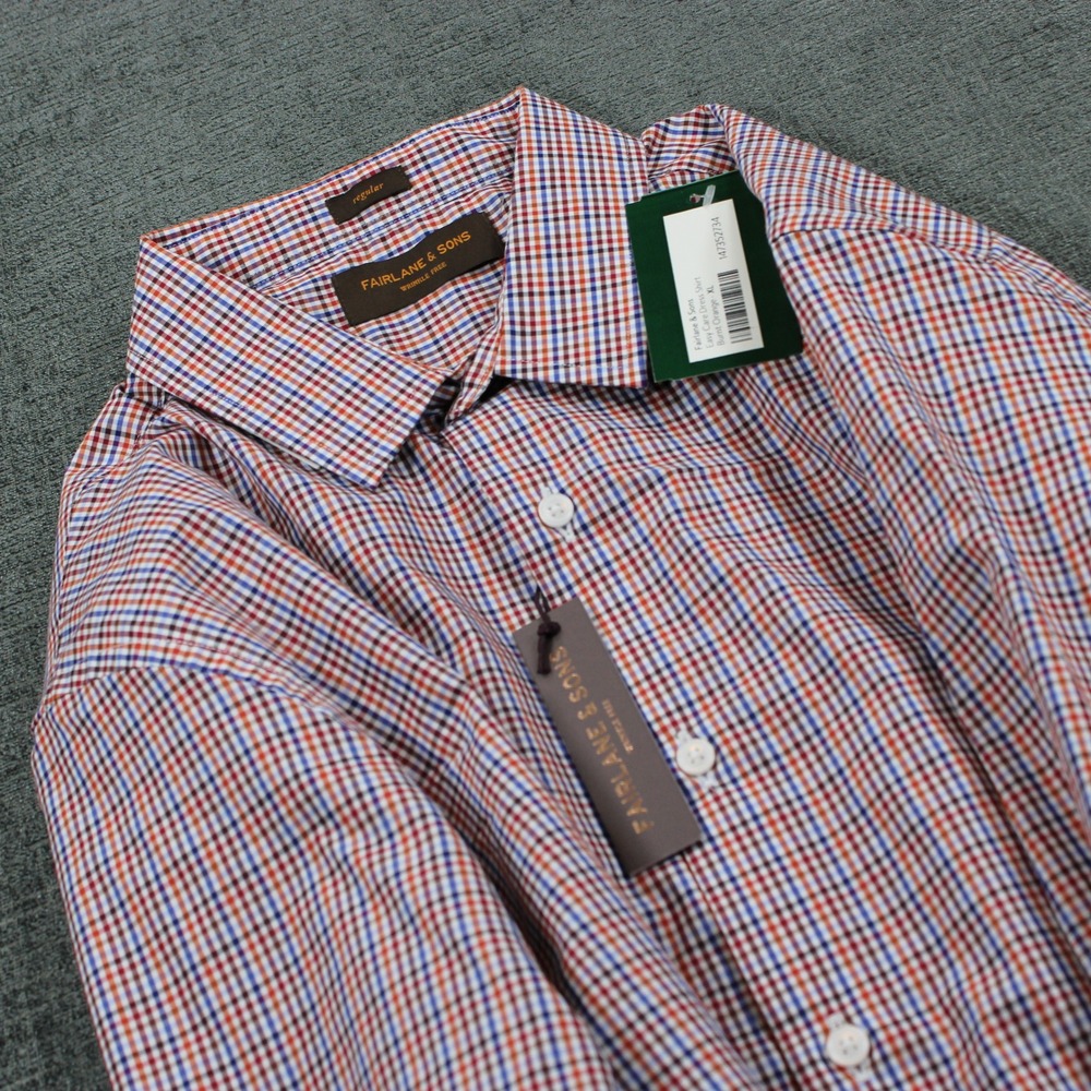 Fairlane & Sons Burnt Orange Check Wrinkle Free Easy Care Dress Shirt XL NEW